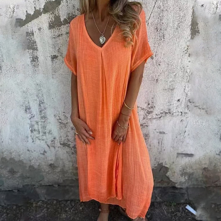 Damen Midikleid mit lässigem V-Ausschnitt und luftiger Passform Drune