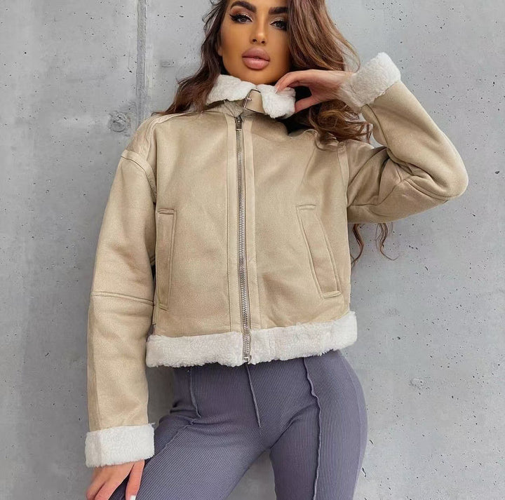 Damen Hochgeschnittene Pilotjacke aus veganer Lederoptik mit Teddyfutter und Reißverschluss Drune