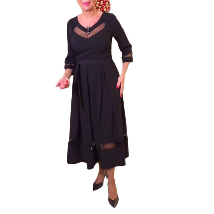 Damen nan tailliertes Midikleid mit transparenten Mesh‑Einsätzen, Bindegürtel und feminine A‑Linien Drune