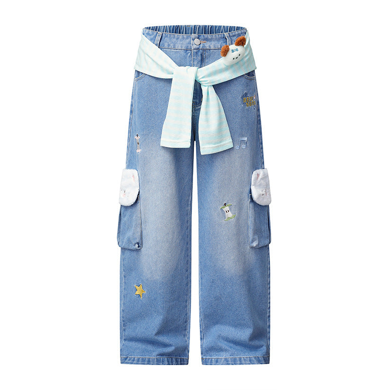 Damen Weiter Cargo-Jeans mit Plüschtaschen, Stickereien und elastischem Bund Drune