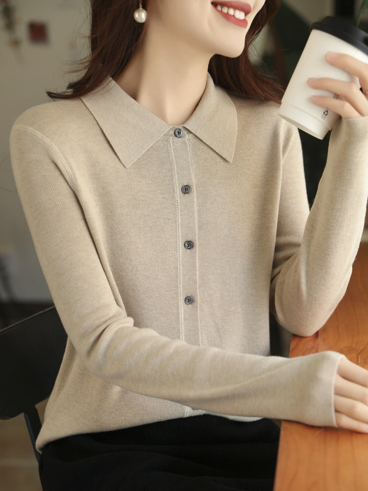 Damen Leichter Feinstrick-Cardigan mit Polokragen und durchgehender Knopfleiste Drune
