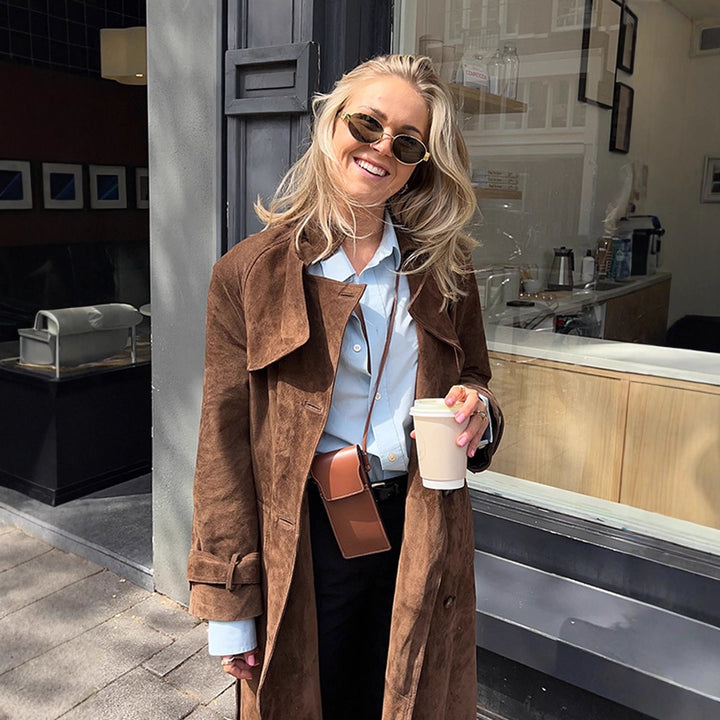 Damen Maxilanger Veloursleder‑Trenchcoat mit Bindegürtel Drune