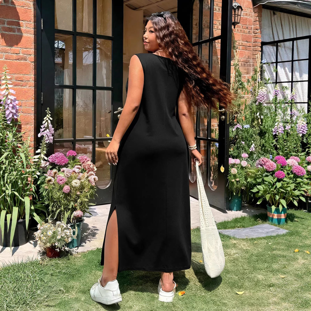 Damen luftiges Maxikleid mit V-Ausschnitt und seitlichem Schlitz Drune