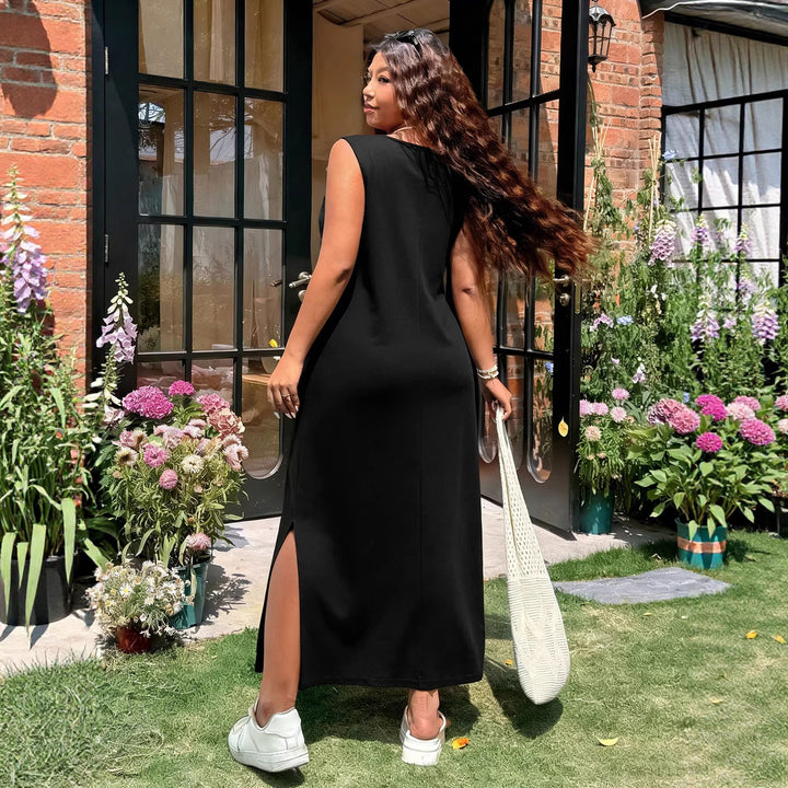 Damen luftiges Maxikleid mit V-Ausschnitt und seitlichem Schlitz Drune