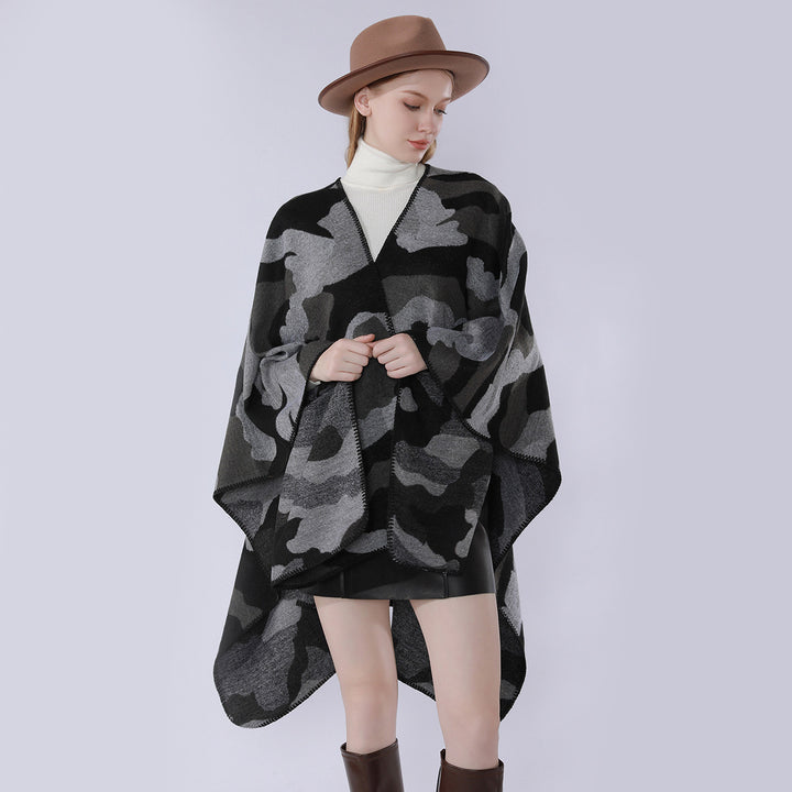 Damen Oversize-Cape mit Camouflage-Jacquard, offener Kimono-Fall und Ziernaht Drune
