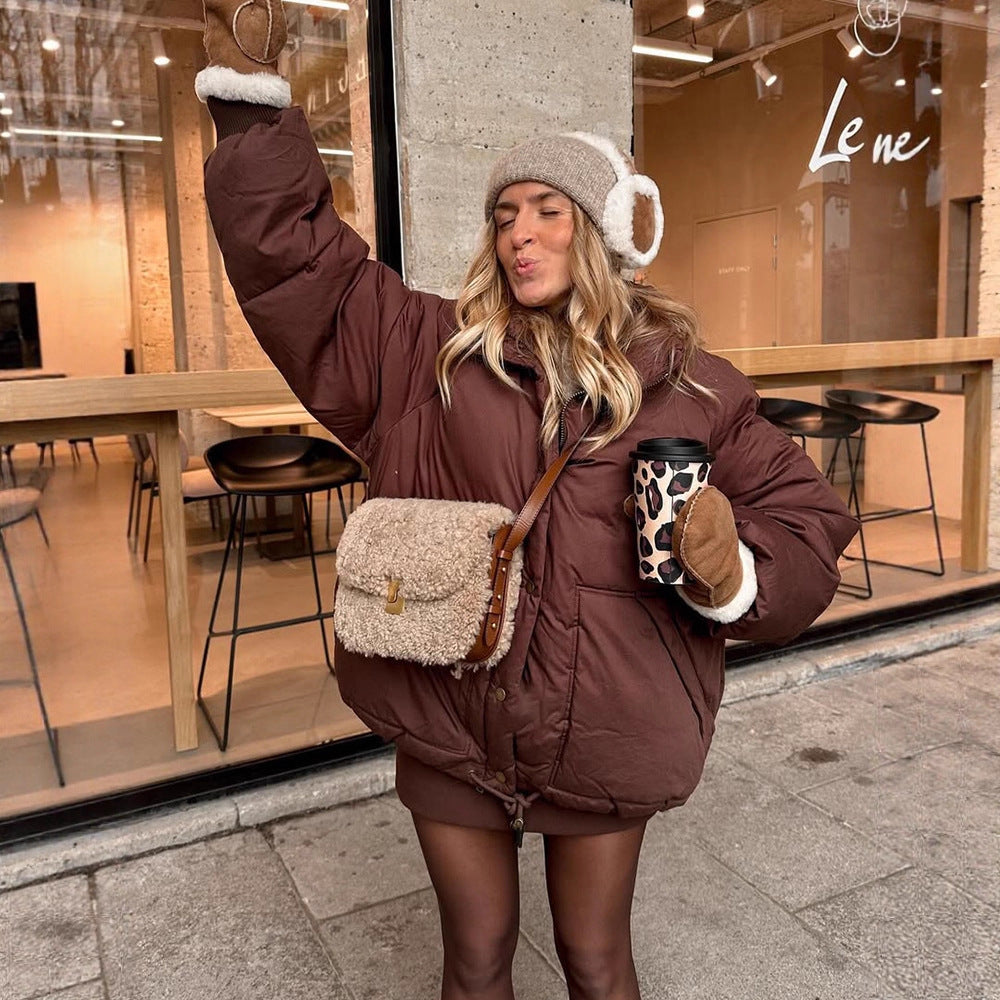 Damen Kurze wattierte Oversize-Steppjacke mit Kordelzug und winddichter Fütterung Drune