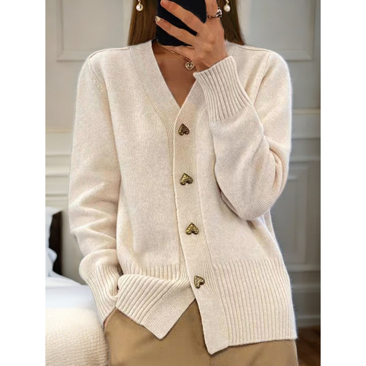 Damen kuschelige Strickjacke mit Herzknöpfen und V-Ausschnitt Drune