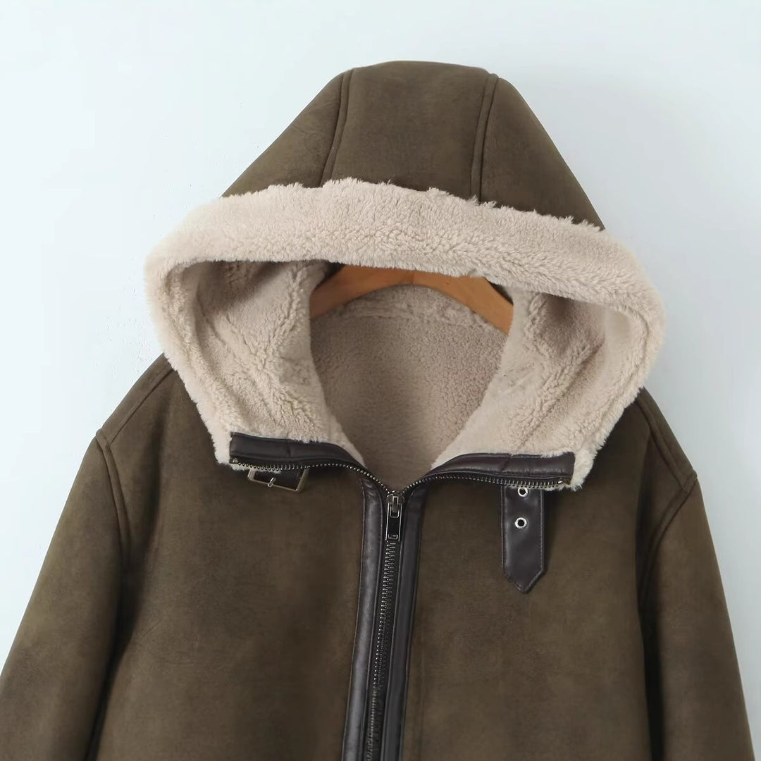 Damen Kapuzen-Lammfellimitat-Bomberjacke mit Teddyfutter und Reißverschluss Drune