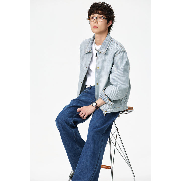 Unisex Gestreifte Oversize-Denimjacke im Worker-Stil mit Stehkragen und Zwei-Wege-Reißverschluss Drune