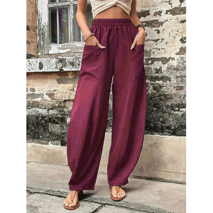 Damen Weite Leinenhose mit elastischem Bund, aufgesetzten Taschen und lässigem Harem-Schnitt Drune