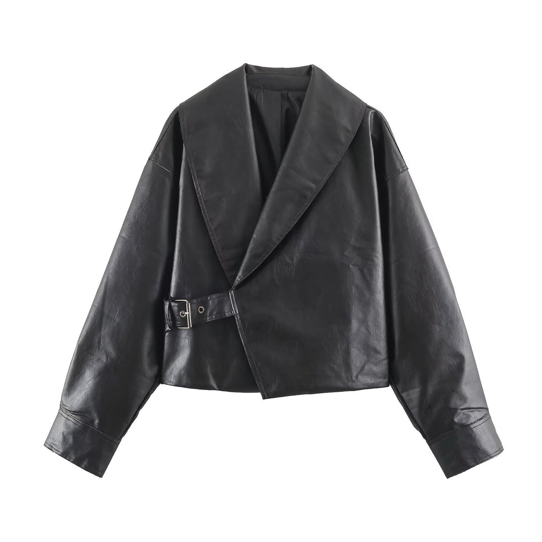 Damen Kurzer Cropped Kunstleder‑Blouson mit übergroßem Schalkragen und seitlicher Schnallen‑Taillierung Drune