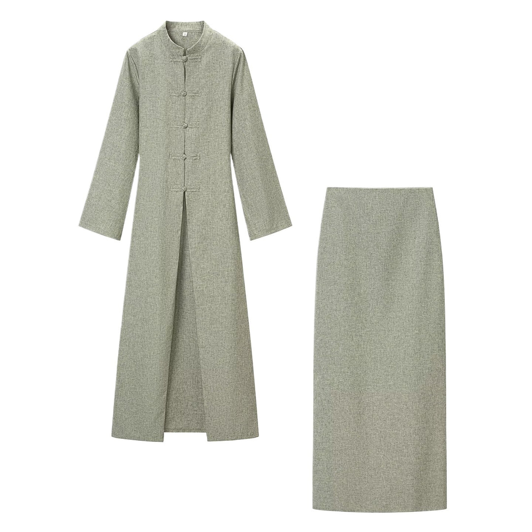 Damen Langärmliges Maxikleid mit Stehkragen Knebelknopfverschluss und vorderem Schlitz Drune
