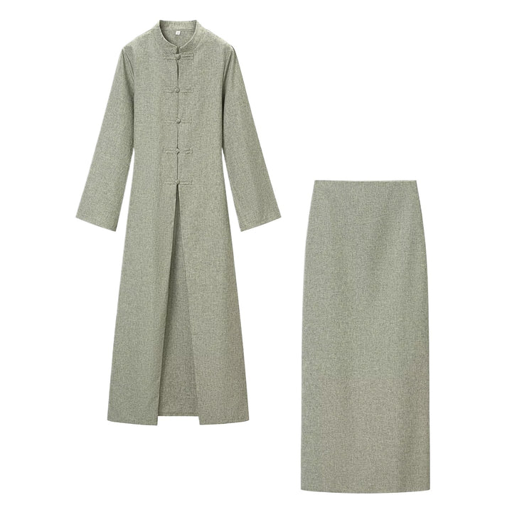 Damen Langärmliges Maxikleid mit Stehkragen Knebelknopfverschluss und vorderem Schlitz Drune