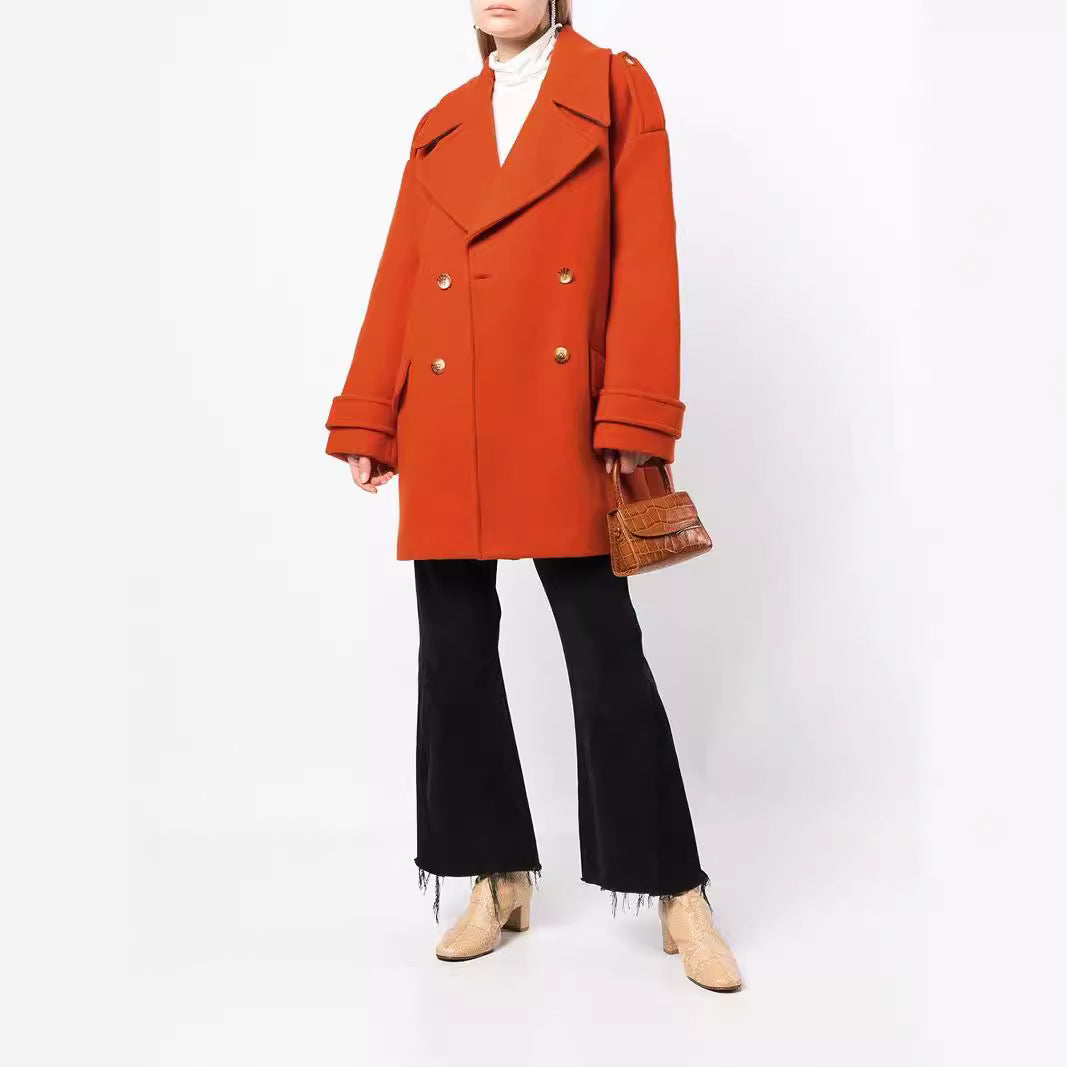 Damen Oversize Zweireihiger Kurzmantel aus Wollmix mit überbreiten Ärmeln und goldenen Zierknöpfen Drune