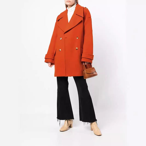 Damen Oversize Zweireihiger Kurzmantel aus Wollmix mit überbreiten Ärmeln und goldenen Zierknöpfen Drune