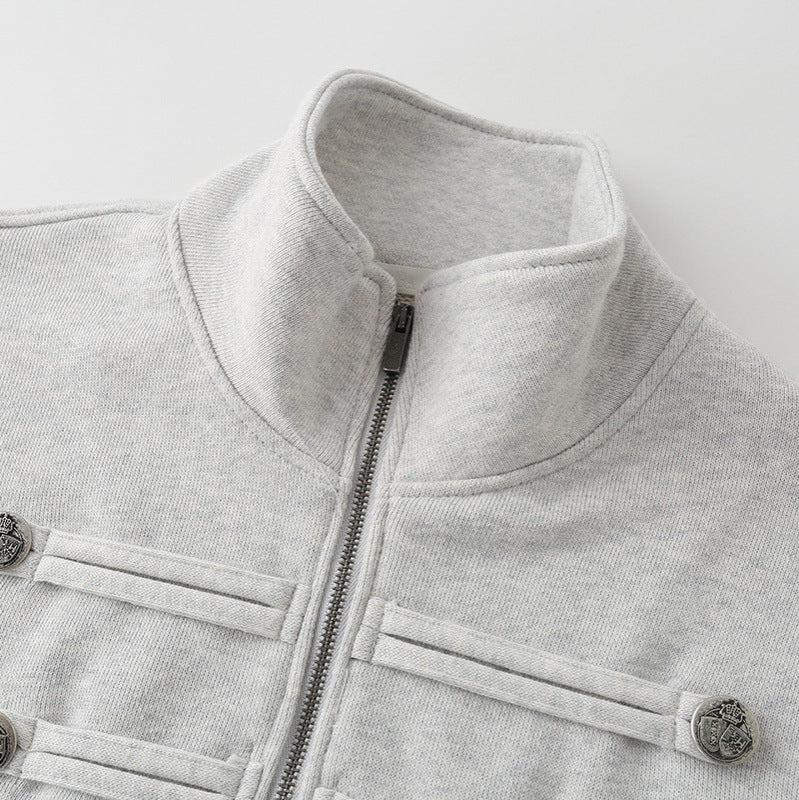 Damen Kurz geschnittene Sweatjacke mit Stehkragen und dekorativen Zierpaspeln Drune