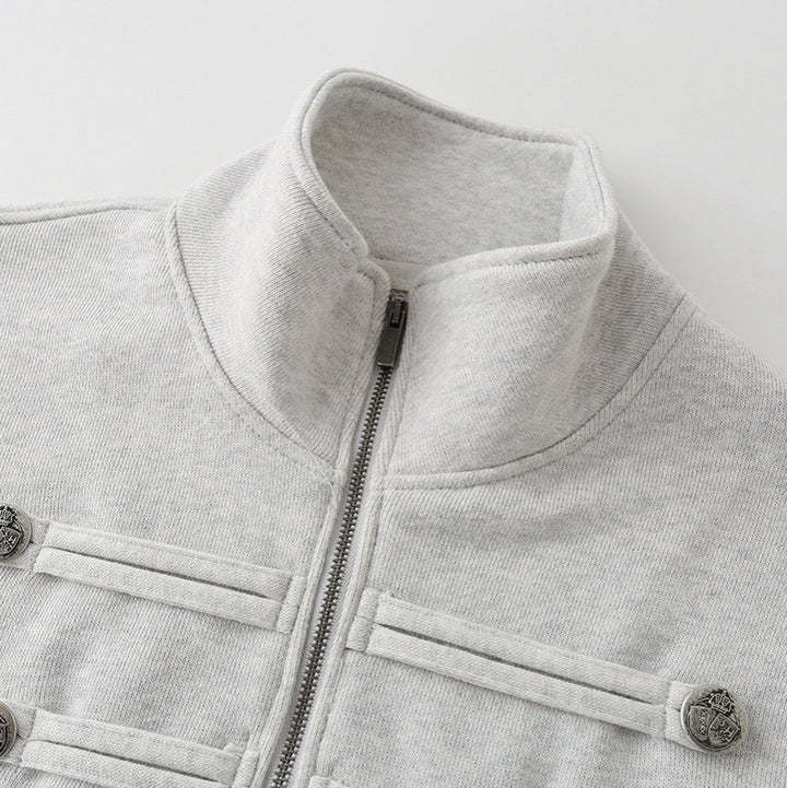 Damen Kurz geschnittene Sweatjacke mit Stehkragen und dekorativen Zierpaspeln Drune