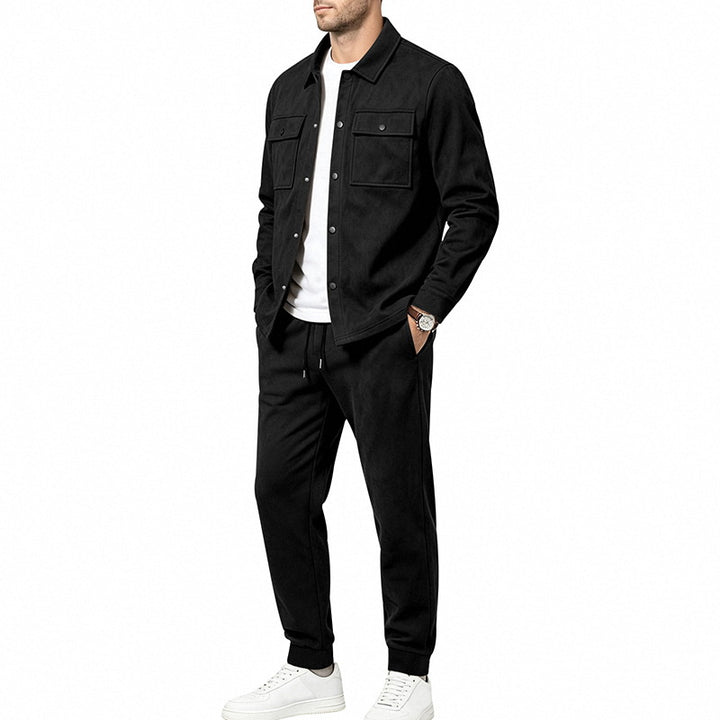 Herren nan Velours-Lounge-Set mit Overshirt, aufgesetzten Brusttaschen und tapered Jogginghose Drune