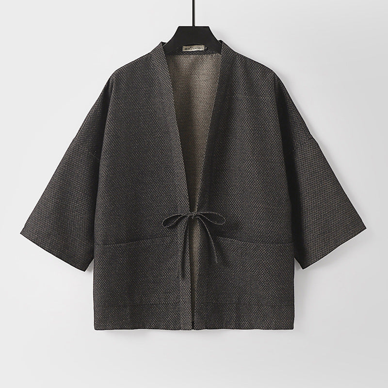 Herren Lockerer Kimono-Cardigan aus strukturierter Baumwollmischung mit kurzem Ärmel und Bindeband Drune