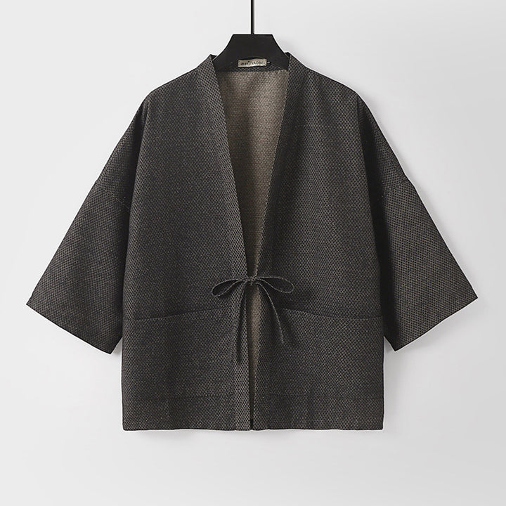 Herren Lockerer Kimono-Cardigan aus strukturierter Baumwollmischung mit kurzem Ärmel und Bindeband Drune