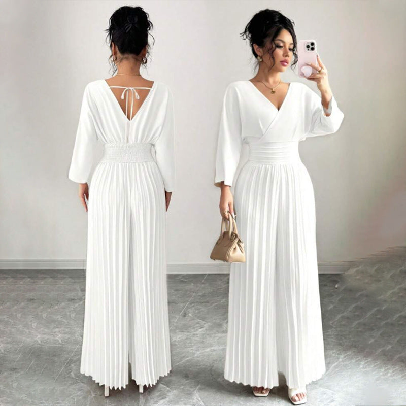Damen Eleganter Plissee-Jumpsuit mit V-Ausschnitt Drune