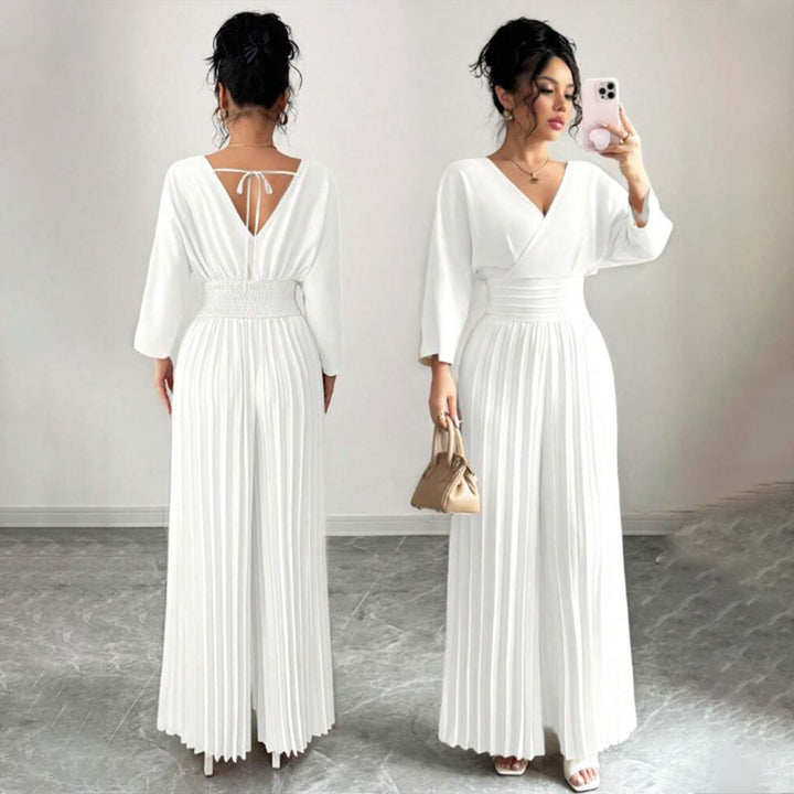 Damen Eleganter Plissee-Jumpsuit mit V-Ausschnitt Drune