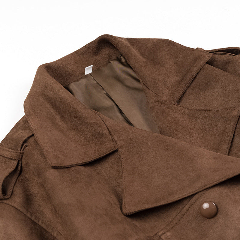 Damen nan taillierter veganer Trenchcoat mit Schalkragen, Bindegürtel und Schulterriegeln Drune