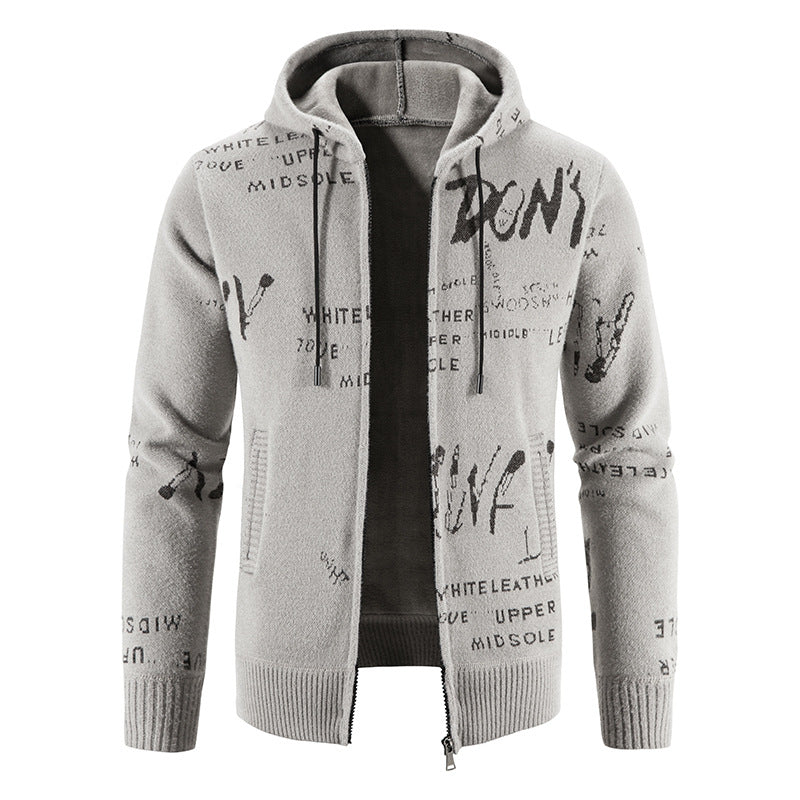 Herren Strick-Kapuzenjacke mit durchgehendem Reißverschluss, grafischem Allover-Print und Eingrifftaschen Drune