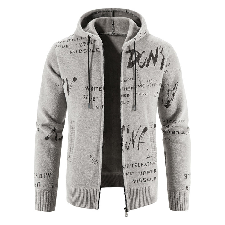 Herren Strick-Kapuzenjacke mit durchgehendem Reißverschluss, grafischem Allover-Print und Eingrifftaschen Drune