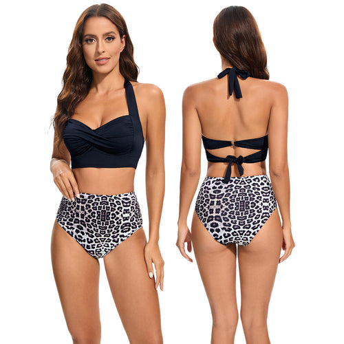 Damen Hochtailliertes Bikini-Set mit gepolstertem Top und Leopardendesign Drune