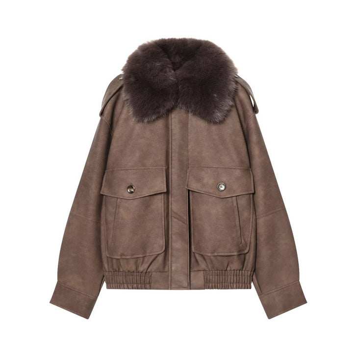 Damen Kurze Bomberjacke im Veloursleder‑Look mit voluminösem Fellkragen, Pattentaschen und elastischem Saum Drune