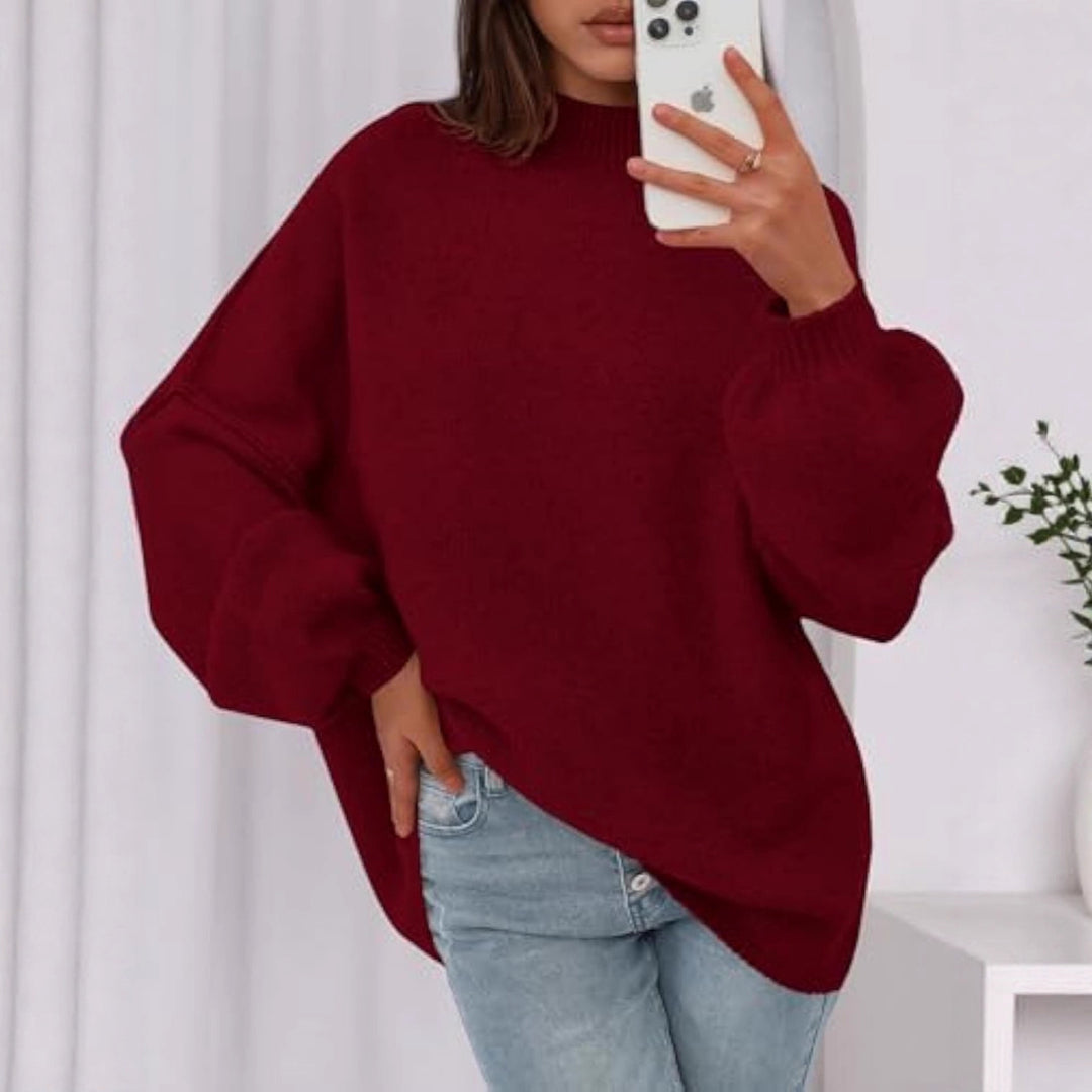 Damen Oversize-Strickpullover mit Stehkragen und Ballonärmeln Drune