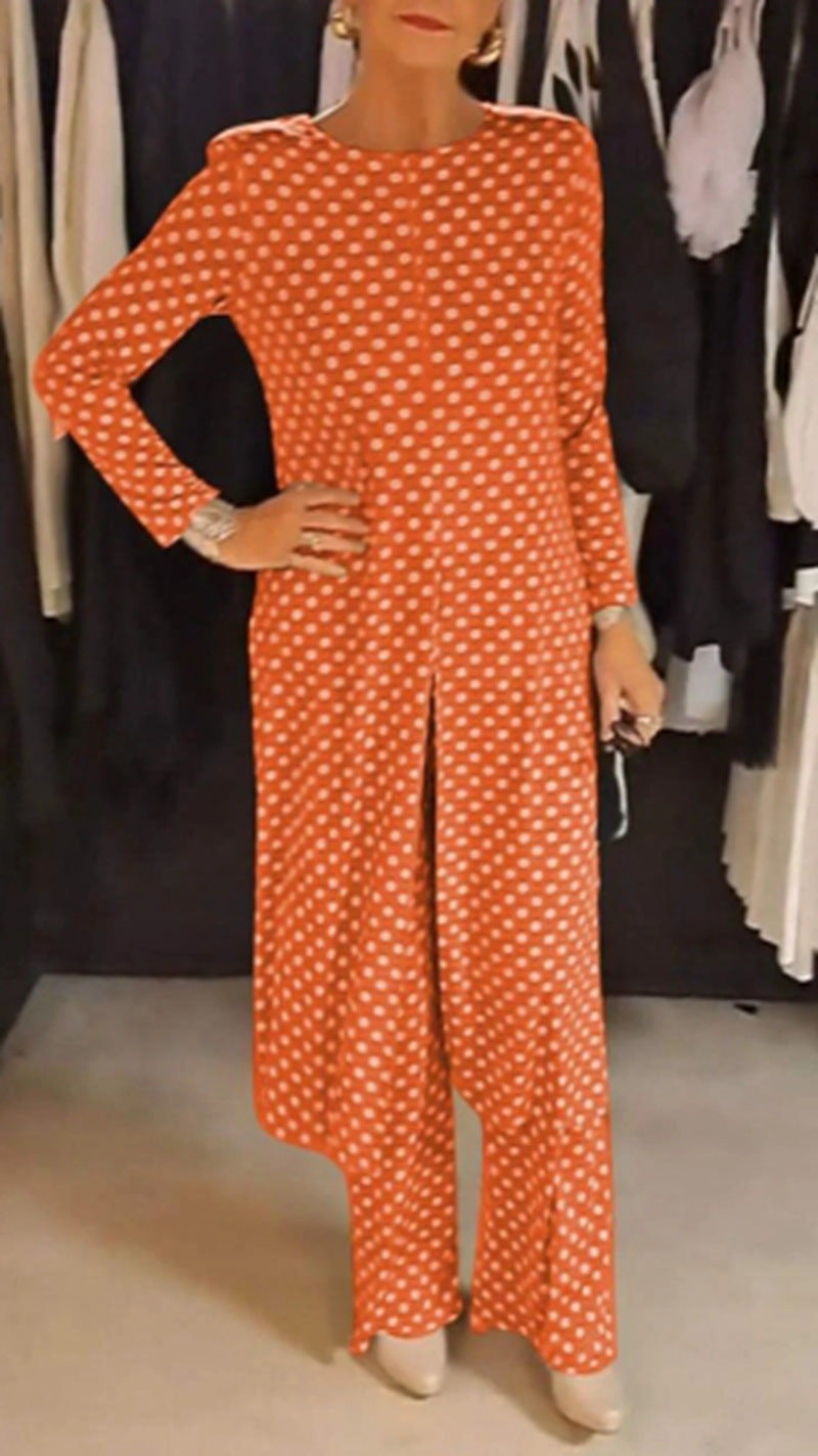 Damen nan Pünktchen-Lounge-Ensemble mit langer A-Linien-Tunika, mittigem Frontschlitz und weiter Palazzohose Drune