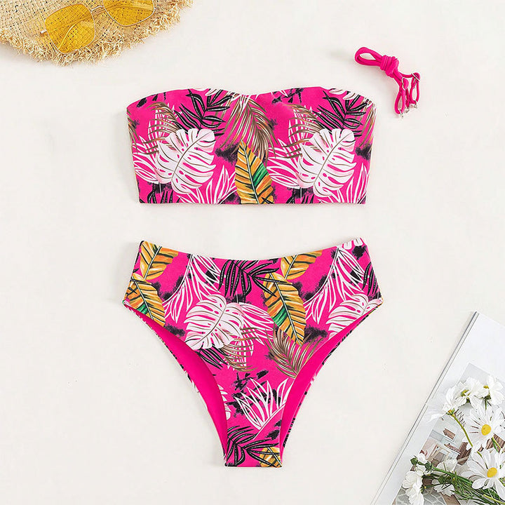 Damen Bandeau-Bikini mit lebhaftem Tropenmuster und hohem Taillenschnitt Drune