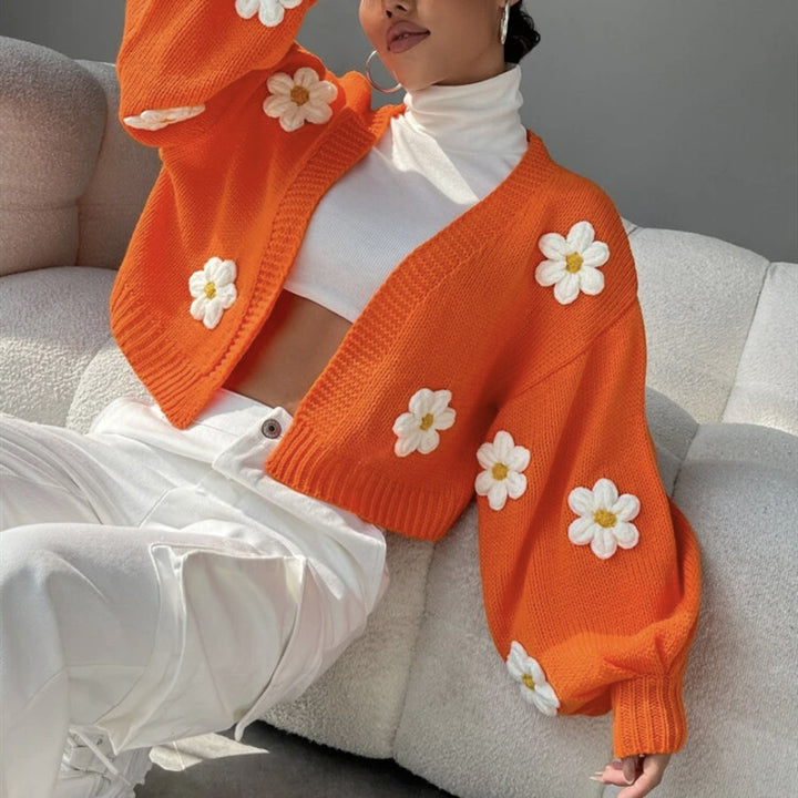 Damen Cropped-Cardigan aus Baumwollmix mit 3D-Blütenapplikationen Drune