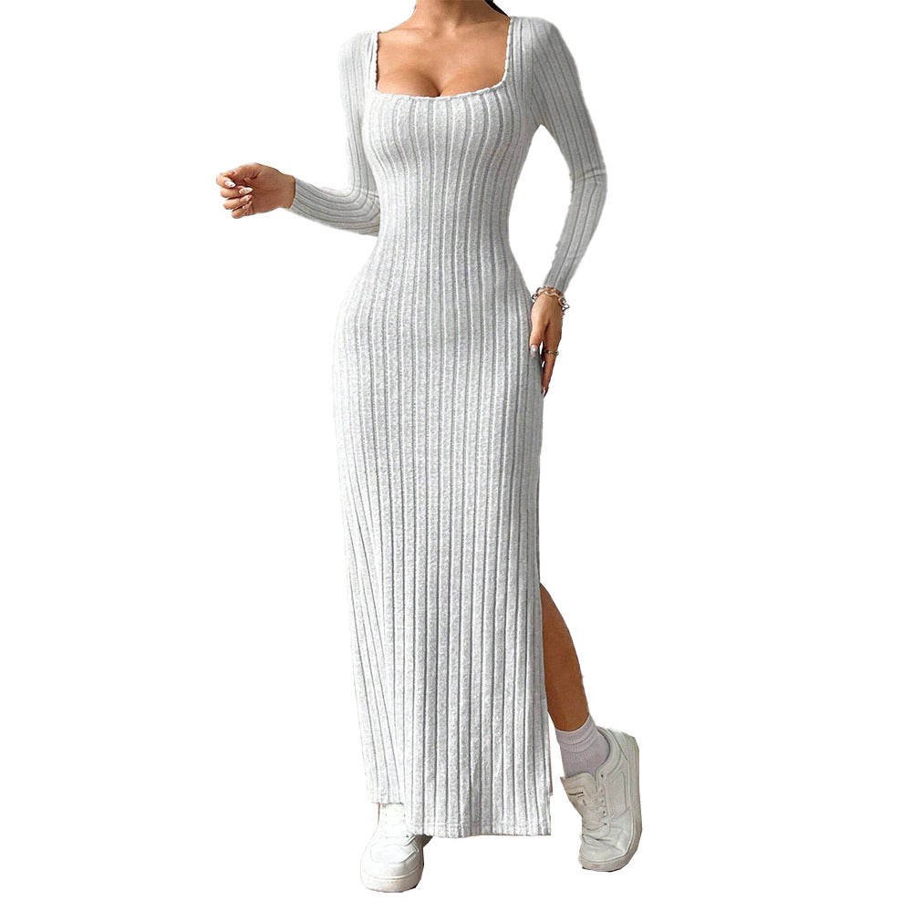 Damen figurbetontes geripptes Maxikleid mit quadratischem Ausschnitt und seitlichem Beinschlitz Drune