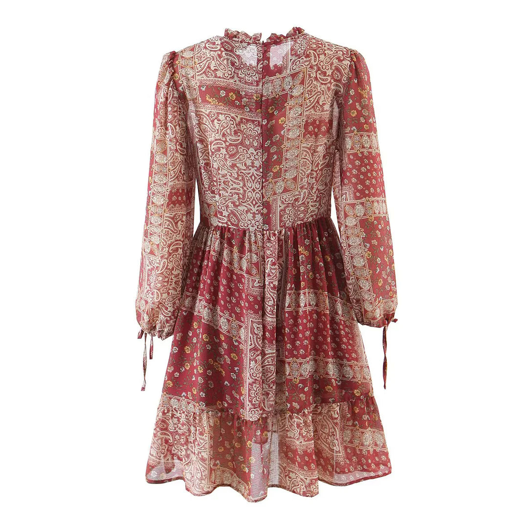 Damen nan geblümtes Boho Midi-Kleid mit Stufenrock und Rüschenkragen Drune