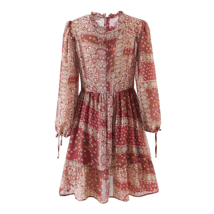 Damen nan geblümtes Boho Midi-Kleid mit Stufenrock und Rüschenkragen Drune