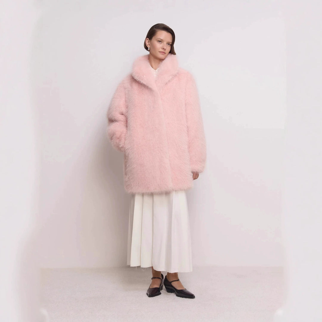 Damen Midilanger flauschiger Teddy-Kunstpelz‑Mantel mit stehendem Schalkragen Drune