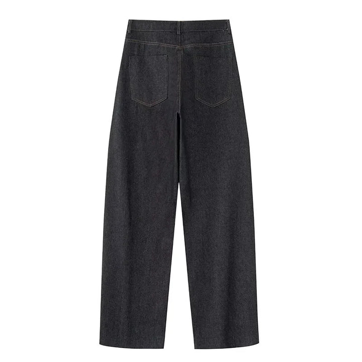 Damen nan hochgeschnittene weite Stoffhose mit geradem Bein, Gürtelschlaufen und dezentem Bunddetail Drune