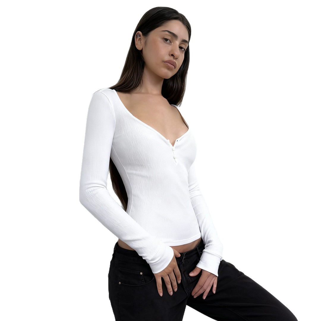 Damen nan figurbetontes geripptes Langarm-Henley-Top mit tiefem V-Ausschnitt und Knopfleiste Drune