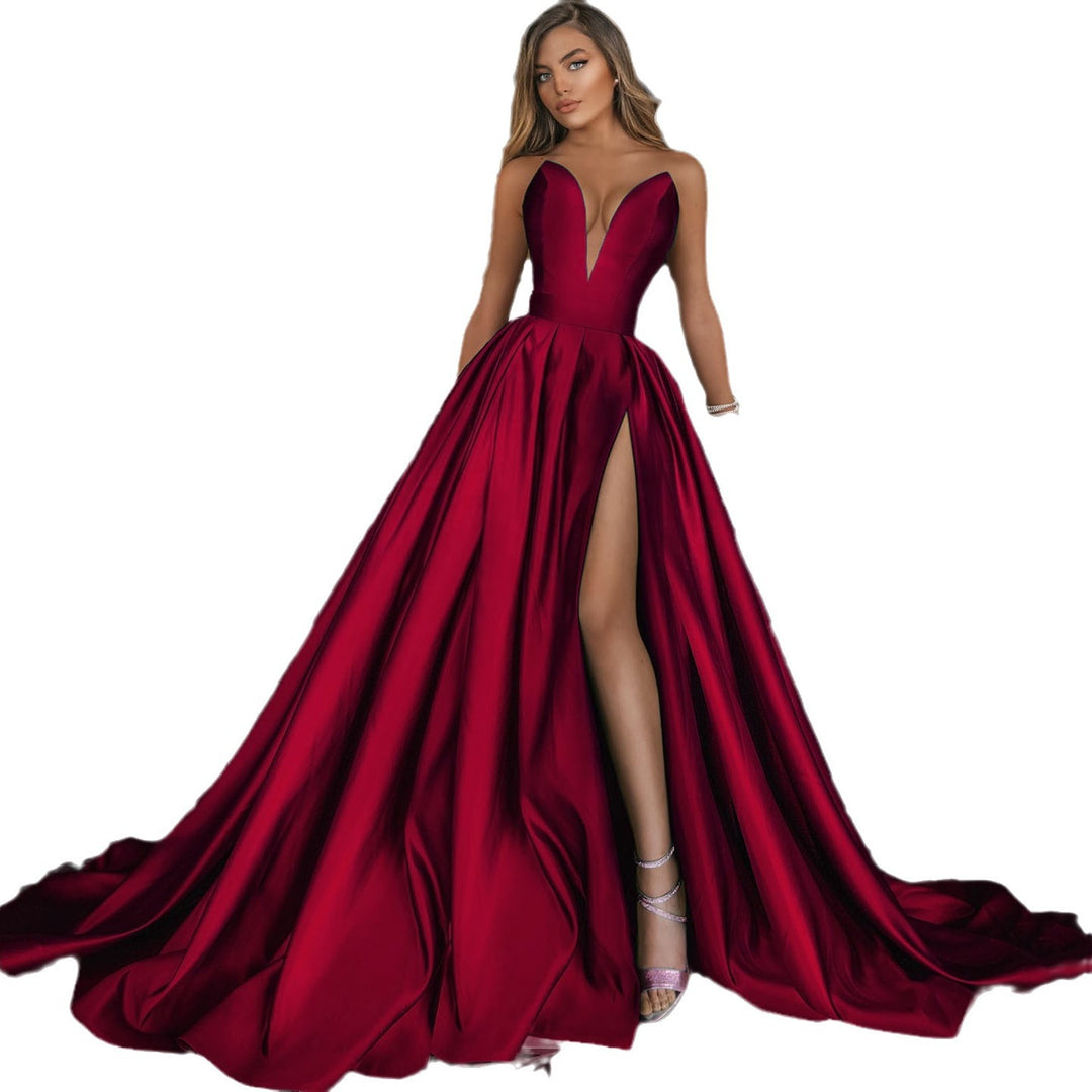 Damen A-Linien Maxikleid mit tiefem V-Ausschnitt und elegantem Schlitz Drune