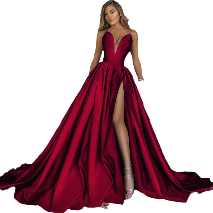 Damen A-Linien Maxikleid mit tiefem V-Ausschnitt und elegantem Schlitz Drune