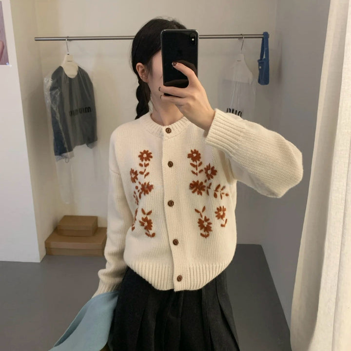 Damen Verspielte Strickjacke mit Blumenapplikationen Drune