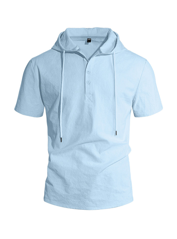 Herren nan kurzärmeliges Kapuzen-Henley aus Slub-Baumwolle mit verdeckter Knopfleiste und Kordelzug Drune