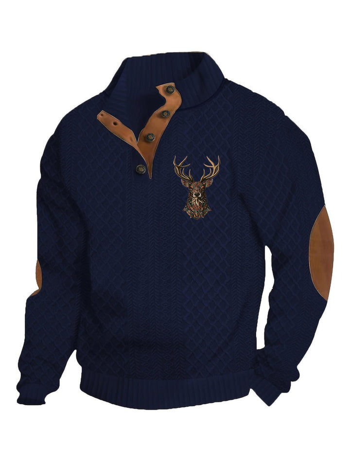 Herren nan Heritage-Strukturpullover mit Stehkragen Lederimitat-Besatz Ellenbogen-Patches und Halbknopfleiste Drune