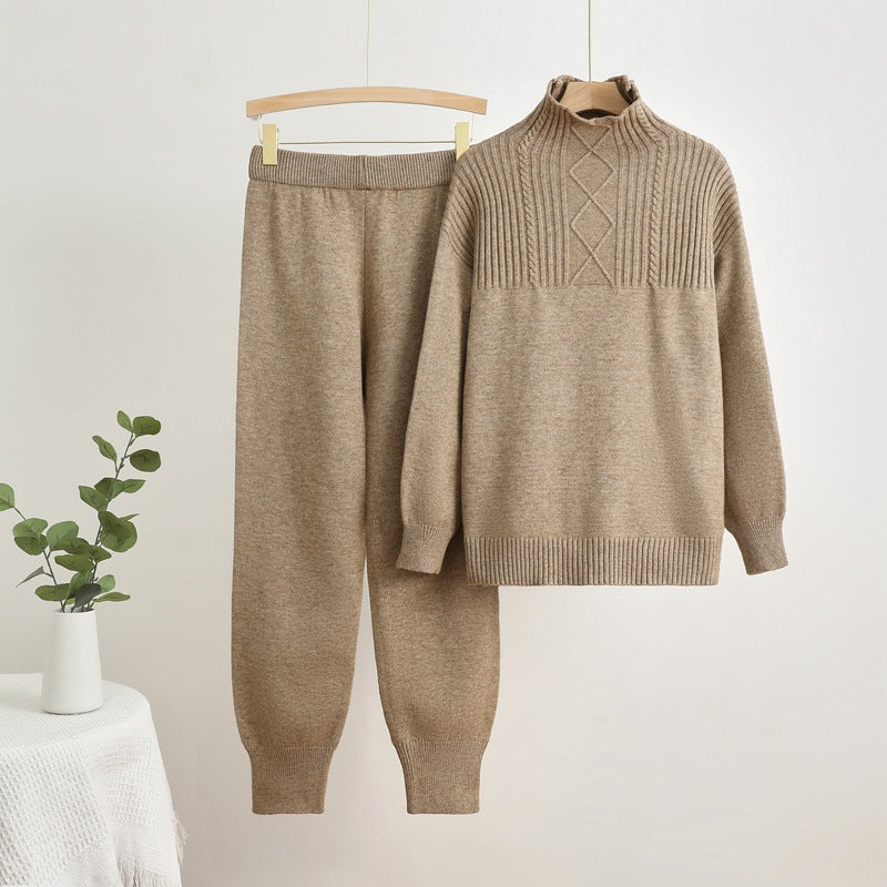 Damen gemütliches Strick-Loungewear-Set mit hohem Kragen und Rippstruktur Drune
