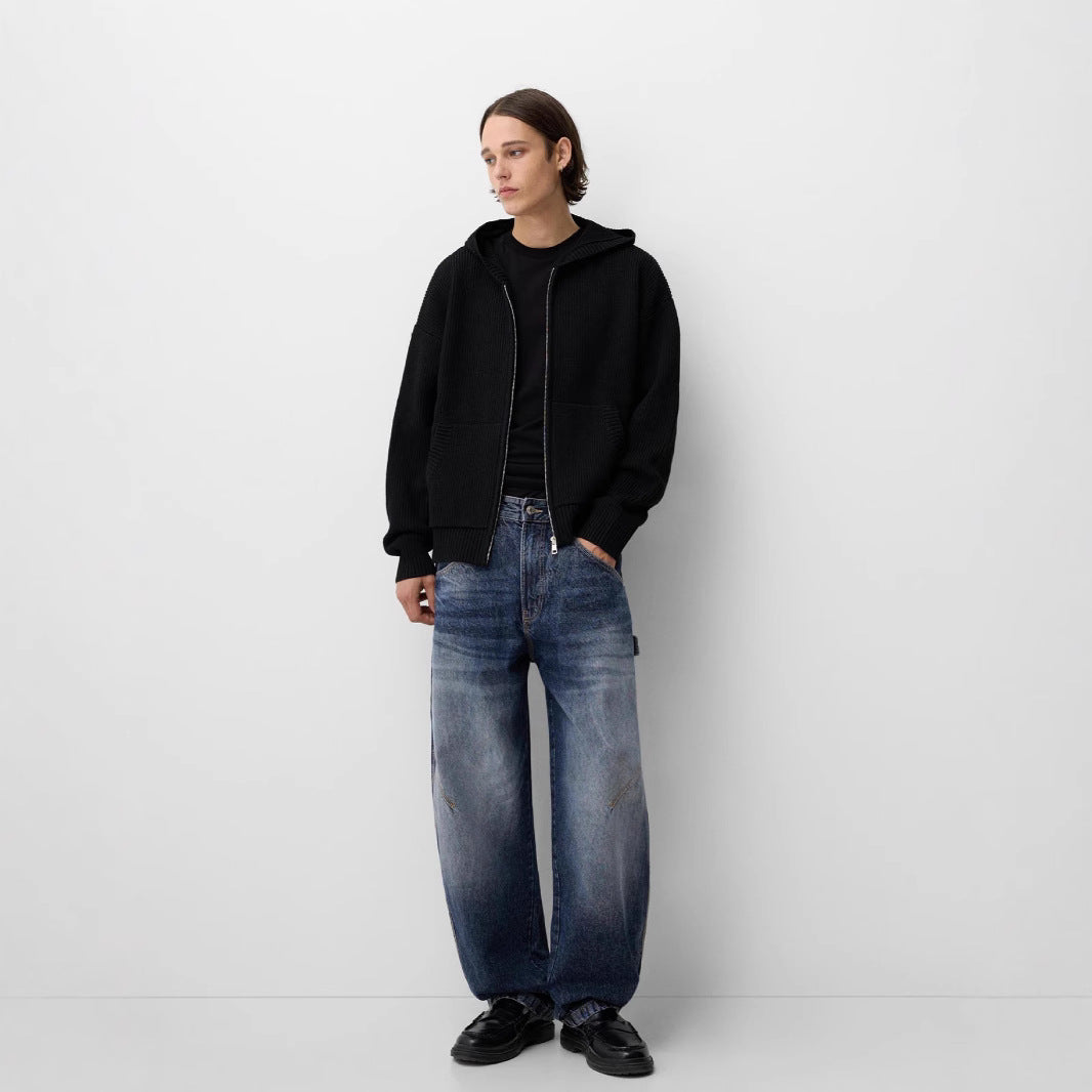 Herren nan lockere Carpenter-Jeans mit weitem Bein, tiefem Schritt und stonewashed Used-Optik Drune