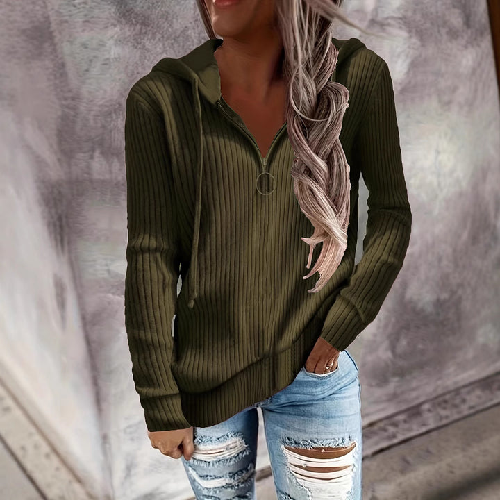 Damen Lässiger Rippstrick-Hoodie mit halbhohem Reißverschluss und Ringzipper Drune