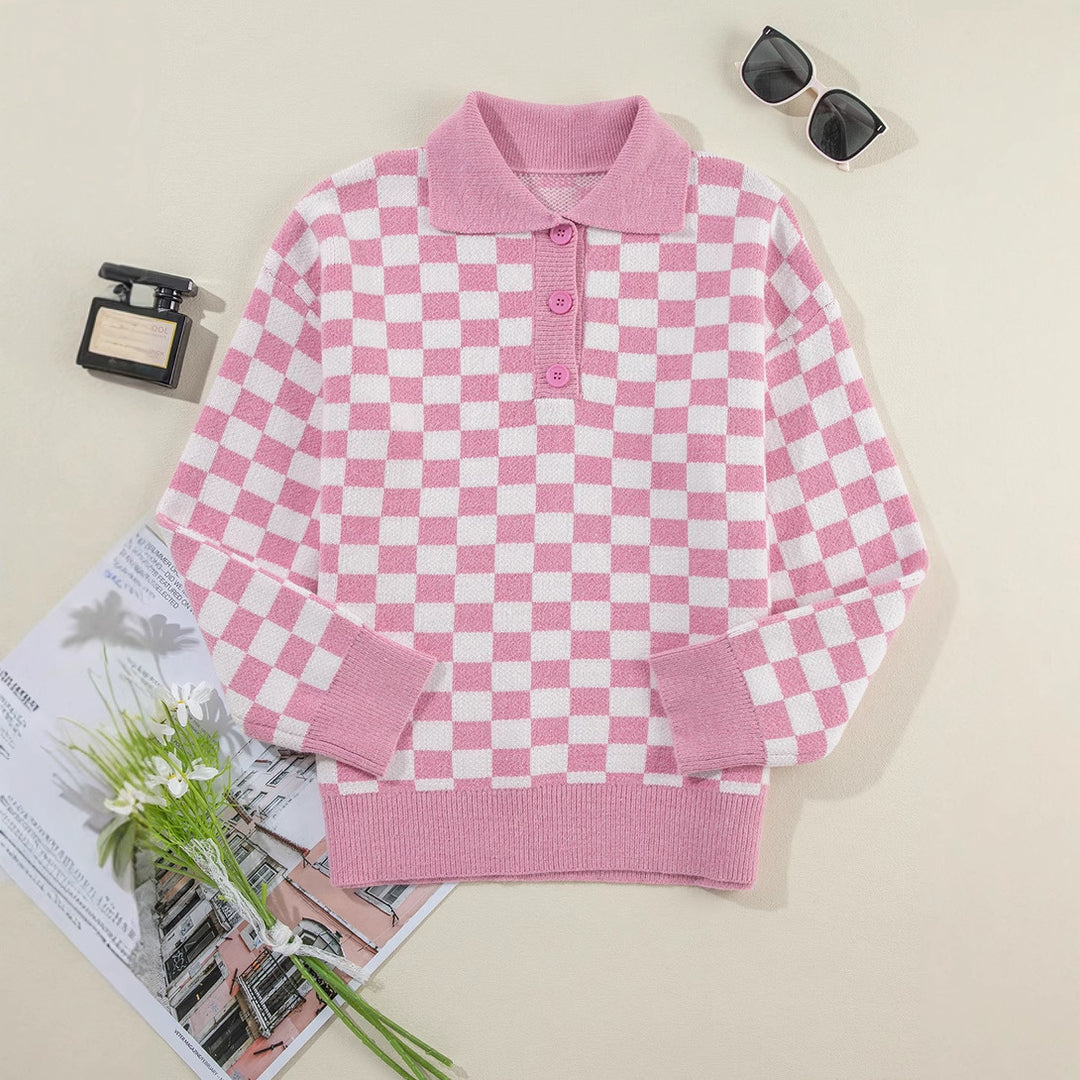 Damen gemütlicher Sweatpullover mit Karomuster und Knopfdetail Drune
